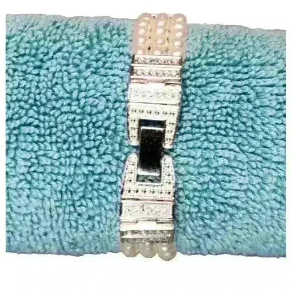 Faux Pearl Beaded Bracelet 7" w/ Rhinestone Silver-tone Spacers Fashion Jewelry - Picture 2 of 4